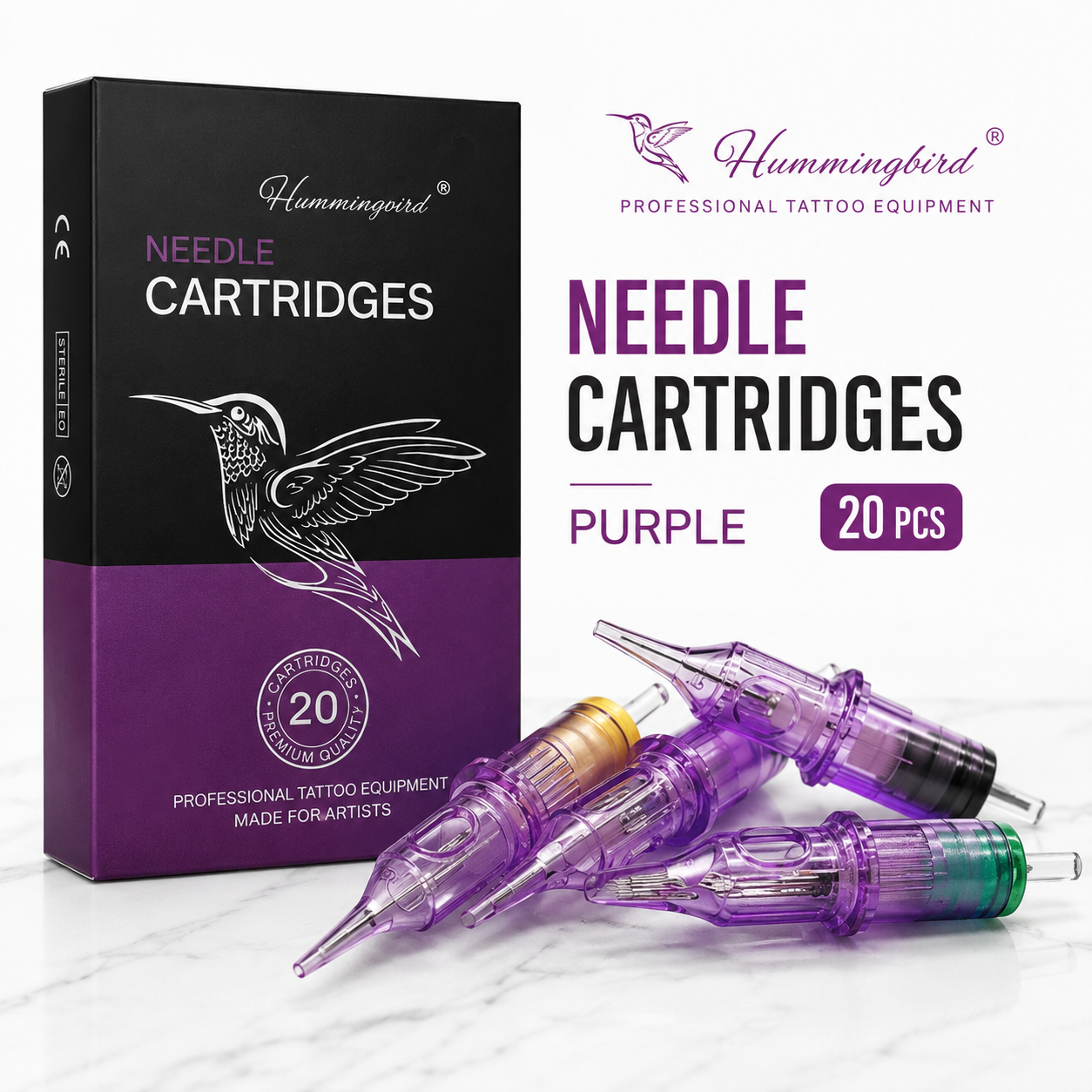 Hummingbird needle cartridges packaging with purple cartridges on a white background